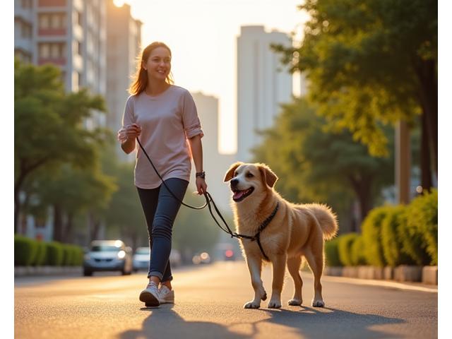 A happy dog on a leash walking calmly past iconic Singapore HDB flats and lush greenery
