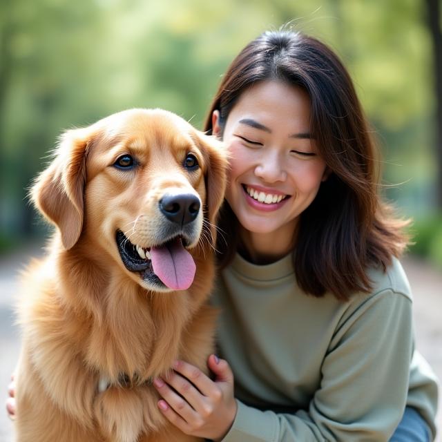 Professional headshot of Sarah Lim with her golden retriever, a certified dog trainer