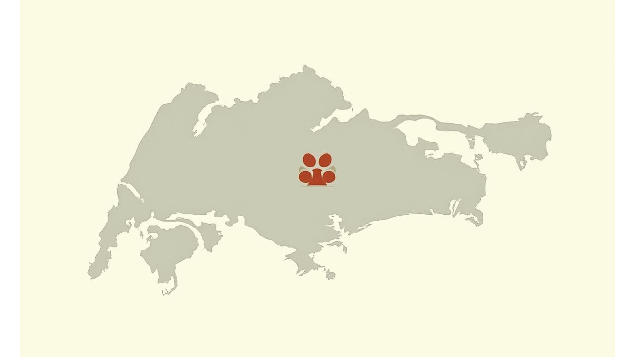 Stylized map of Singapore with highlighted areas indicating Pawsome Progress's training service coverage, featuring landmarks and green spaces.