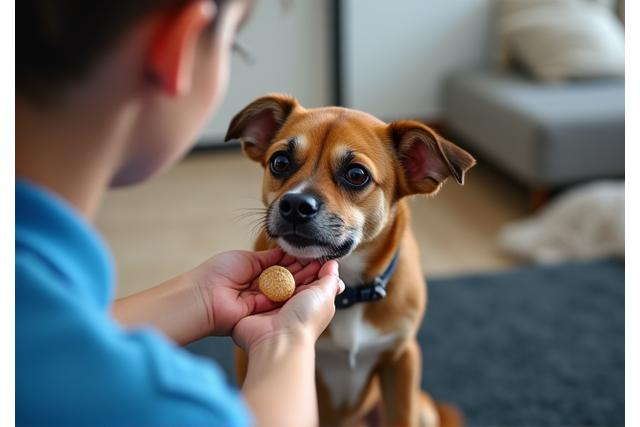 A trainer demonstrating a gentle command to a small dog inside a bright, clean home, emphasizing personalized attention.