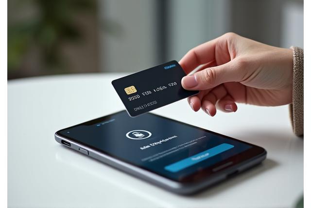 Close-up of a hand holding a credit card over a mobile payment terminal, illustrating flexible payment options.