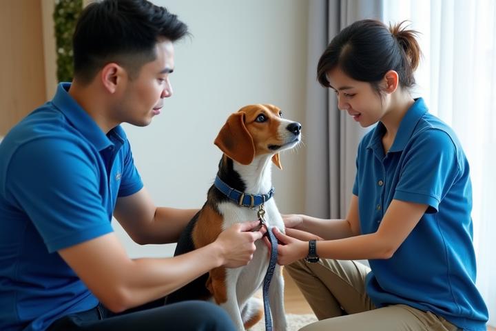 A dog trainer demonstrating a positive reinforcement technique to a dog and owner during a private in-home session.