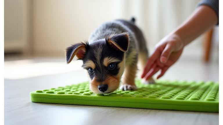 Happy puppy exploring a textured mat with a trainer observing.