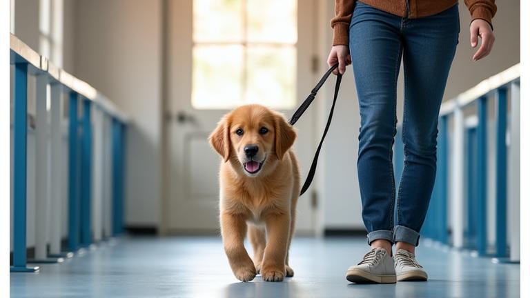 Puppy learning to walk on a loose leash with a positive female trainer.
