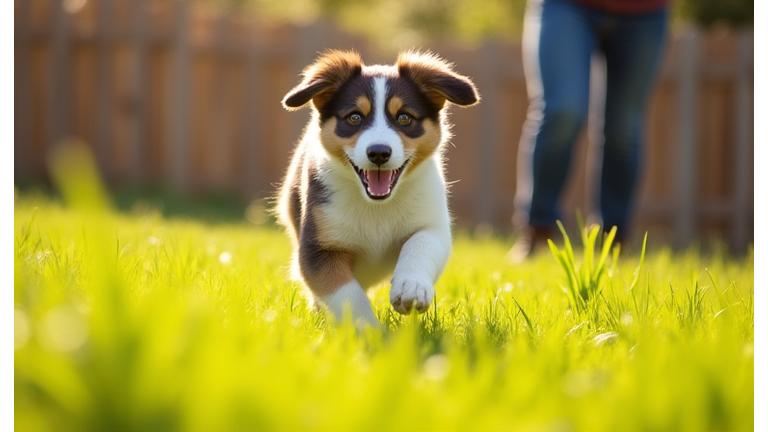 Energetic puppy running towards its owner in an open grass area, practicing recall.
