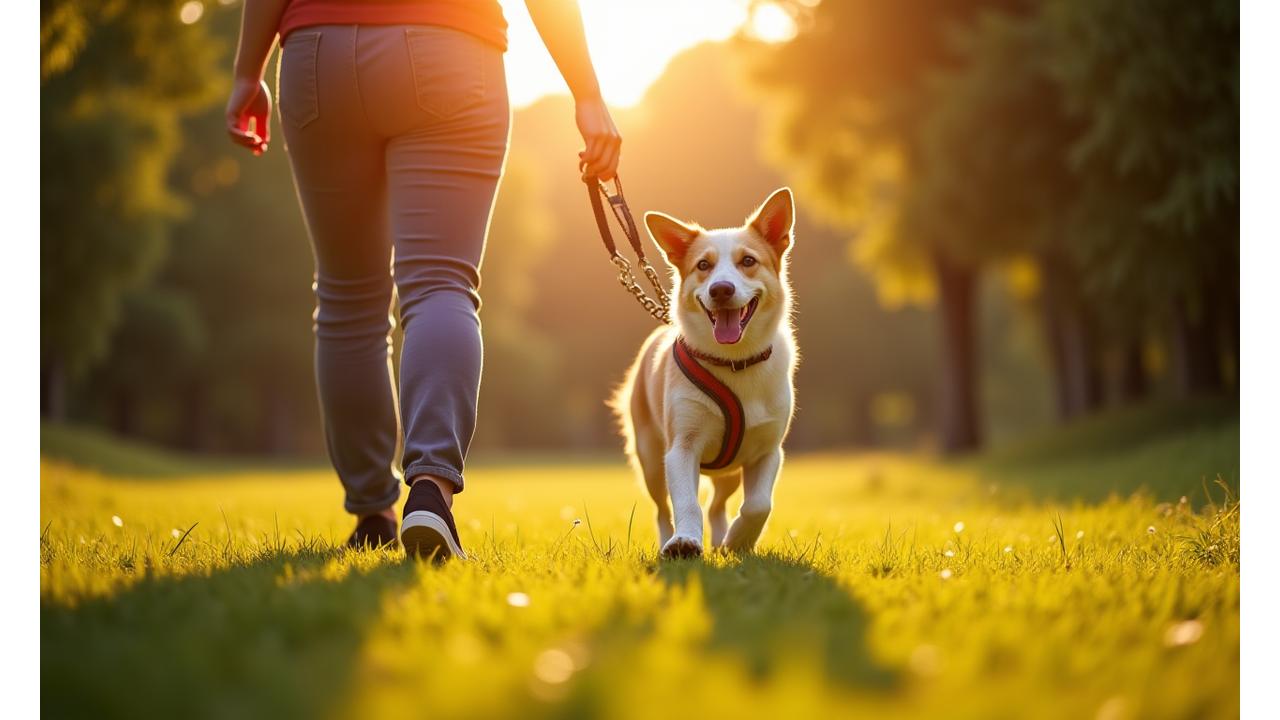A happy rescue dog confidently walking on a leash with a calm handler in a lush park, surrounded by soft sunlight, symbolizing trust and new beginnings.