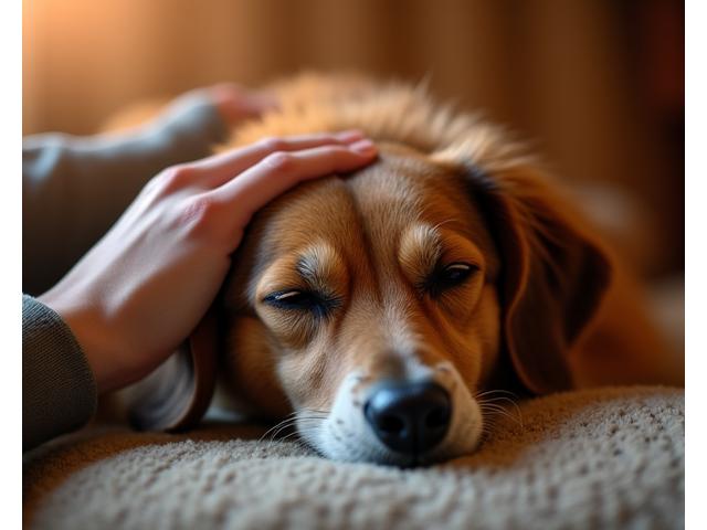 An owner gently caressing their rescue dog, showing a strong, comforting bond.