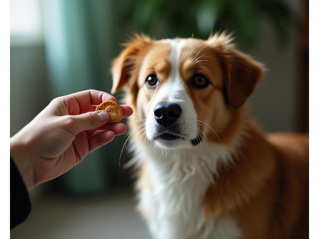 A gentle hand offering a treat to a timid rescue dog, symbolizing patience and trust-building in a nurturing environment.