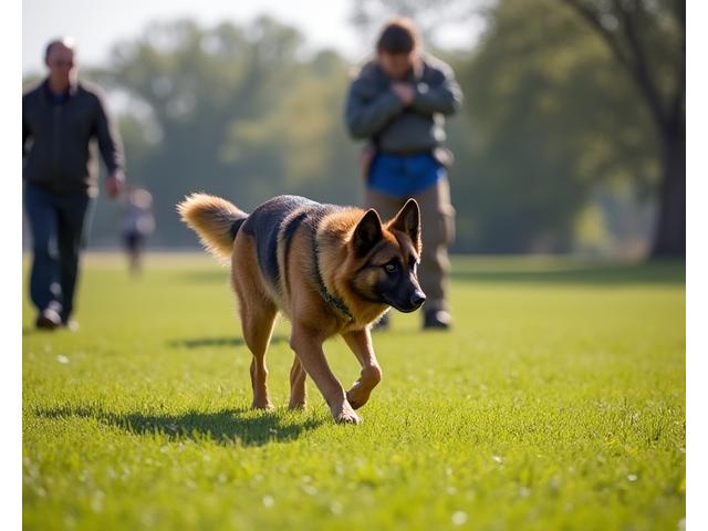 Highly trained dog confidently searching a large outdoor area for a hidden scent, handler observing