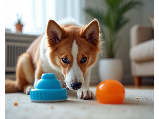 Dog looking focused, working a puzzle toy, representing mental engagement