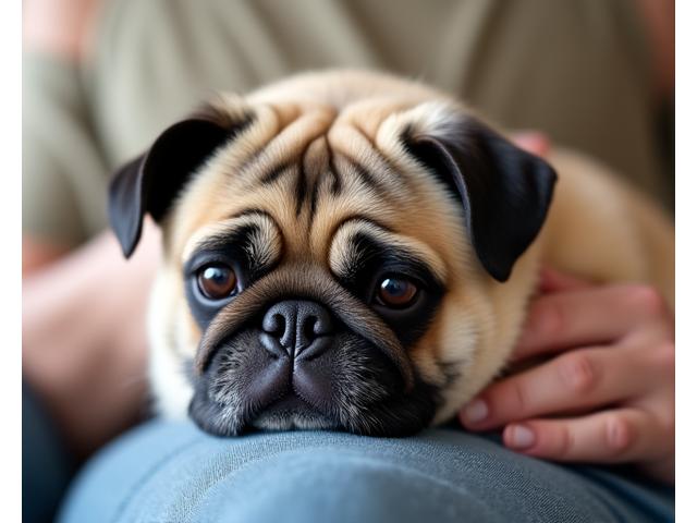 Content senior pug resting peacefully with its owner, symbolizing comfort and dignity in old age.