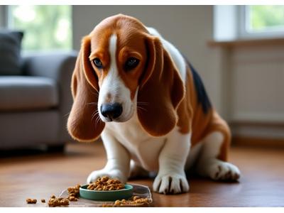 Charlie, a senior Basset Hound, looking alert and engaged while playing a slow-feeder game, demonstrating improved cognitive function.
