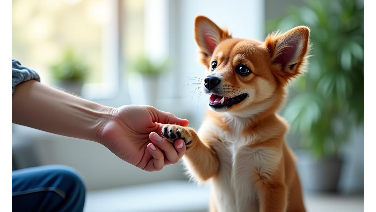 Smiling dog and human handshake symbolizing agreement and trust, set against a modern, calm backdrop.