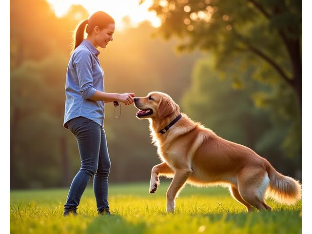 Happy dog jumping playfully near its owner during a training session, showing positive reinforcement.