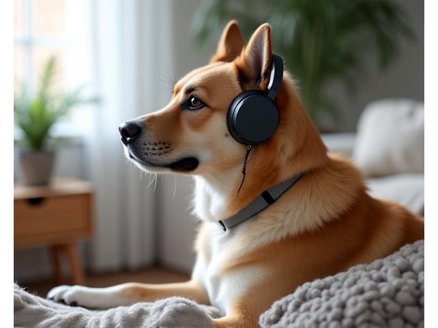 A dog calmly listening to sounds through headphones, illustrating sound desensitization training.