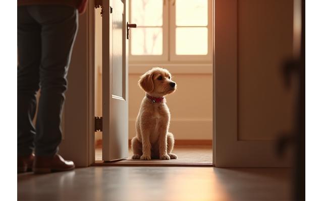 A dog calmly greeting a visitor at the door, demonstrating good doorbell manners.